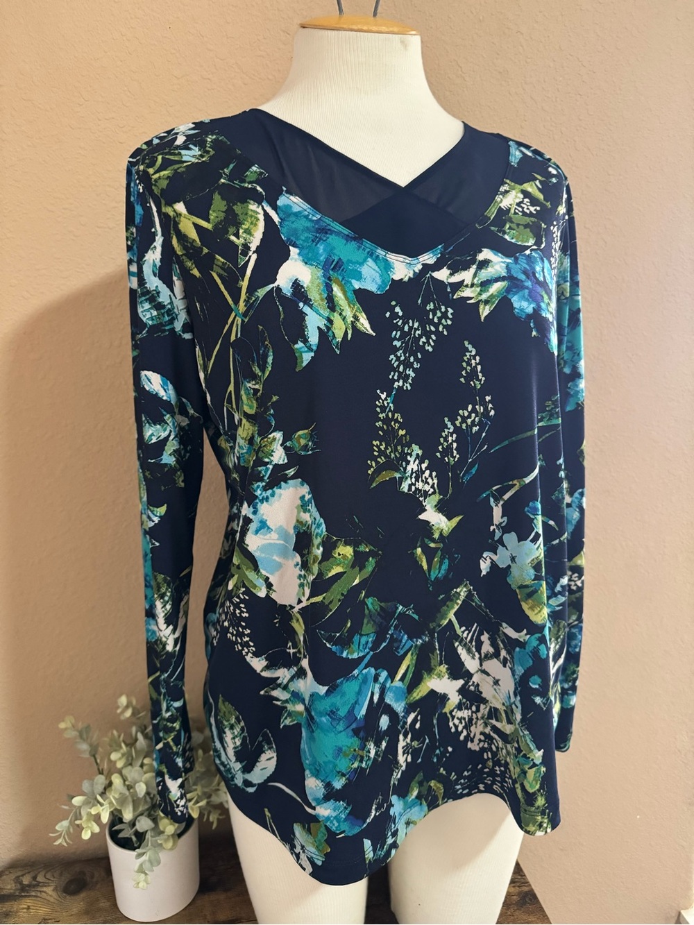 Susan Graver Navy & Green Floral V-Neck Long Sleeve Top - QVC